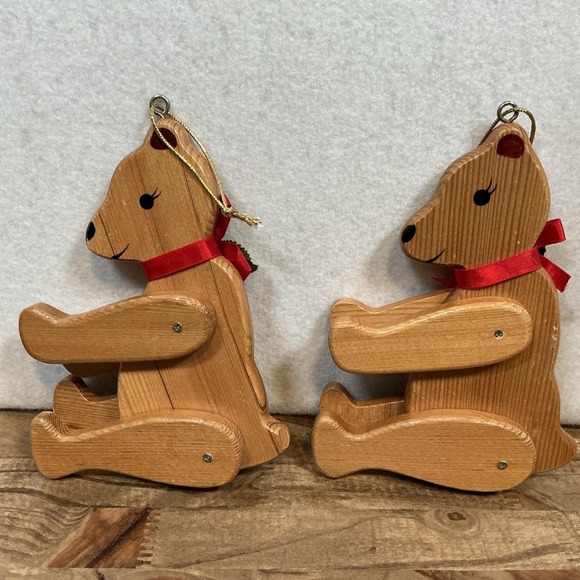 Vintage 2 Teddy Bear Wood Christmas Ornament Moving Arms Legs - Picture 6 of 9